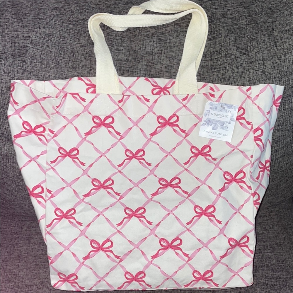 Large Pink ribbon bow canvas tote bag
